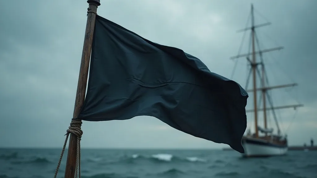 Drapeau noir flottant au vent sur un voilier en arrière-plan, mer agitée sous un ciel gris orageux.