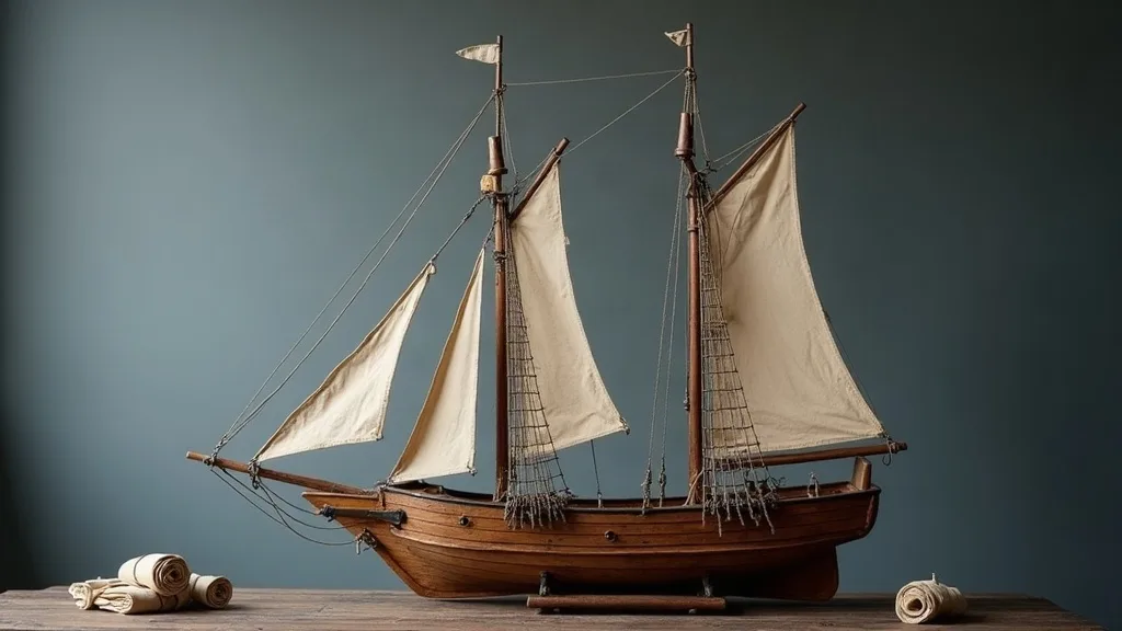 Maquette en bois à deux mâts, voiles en toile écrue et long beaupré, posée sur une table avec rouleaux de tissu et bobine de fil.