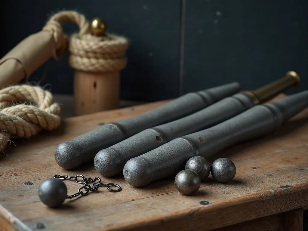 Boulets pleins de plusieurs tailles, boulets ramés et boulet enchaîné posés sur une table de bois usée, près de cordages.
