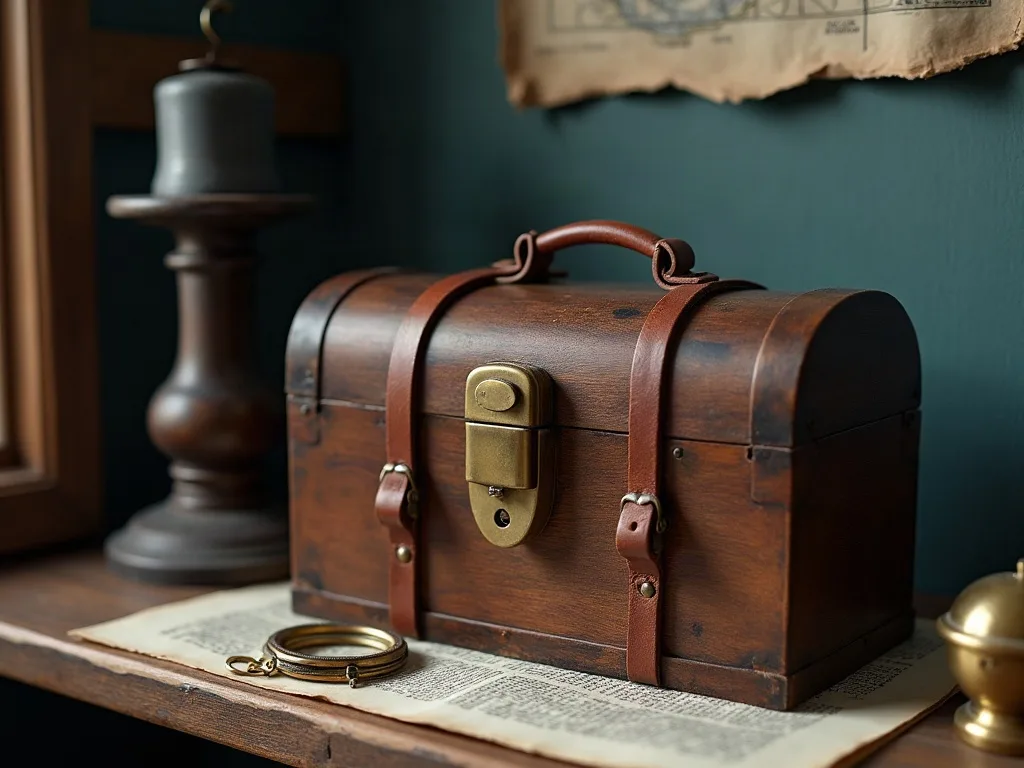 Coffret en bois d'une vingtaine de centimètres, sangles de cuir et fermoir en laiton, posé sur une feuille imprimée.