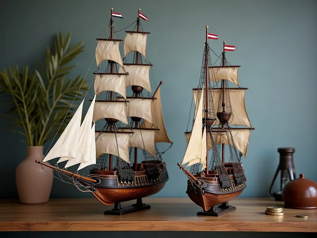 Deux maquettes de voiliers à coque vernie posées sur une étagère en bois, voiles en toile écrue déployées.