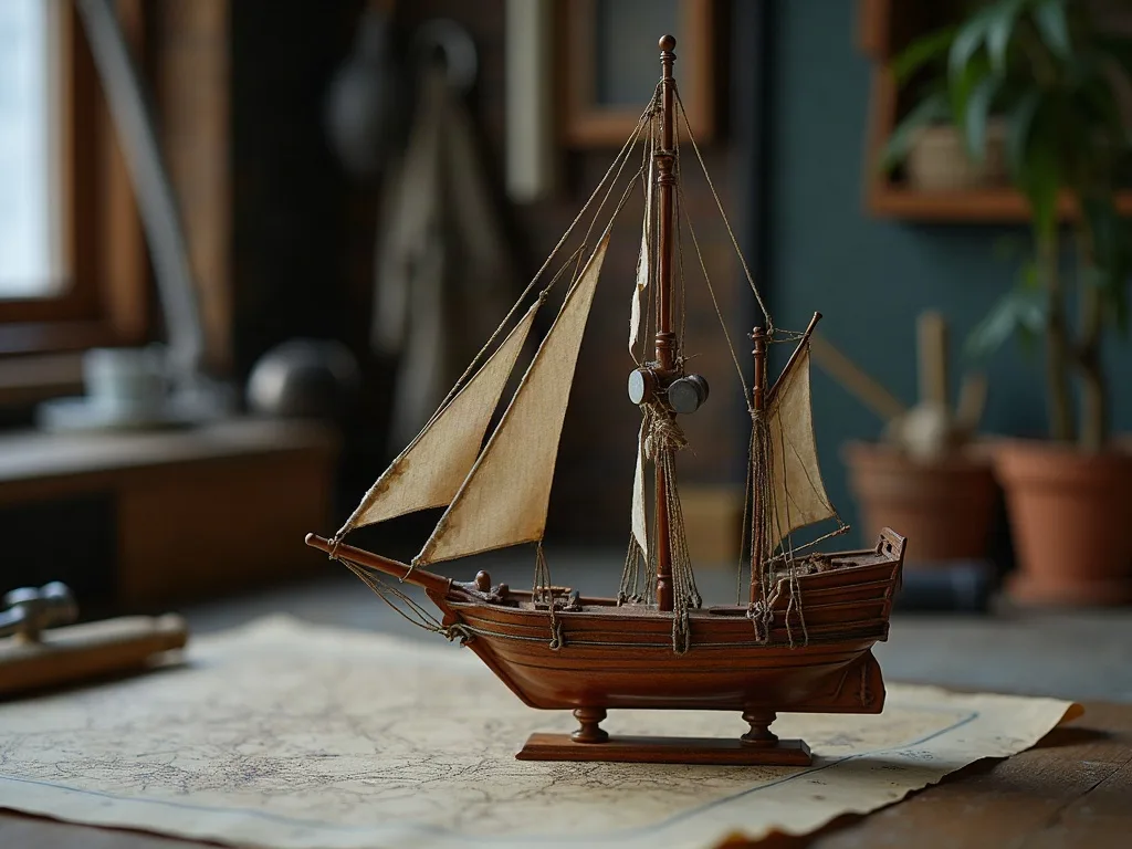 Maquette de voilier en bois à mât d'un seul tenant, voiles de toile écrue, posée sur une carte marine.