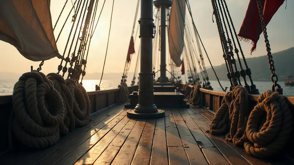 Pont de voilier en bois au lever du soleil avec cordages enroulés et voiles fermées, côte brumeuse à l'horizon.