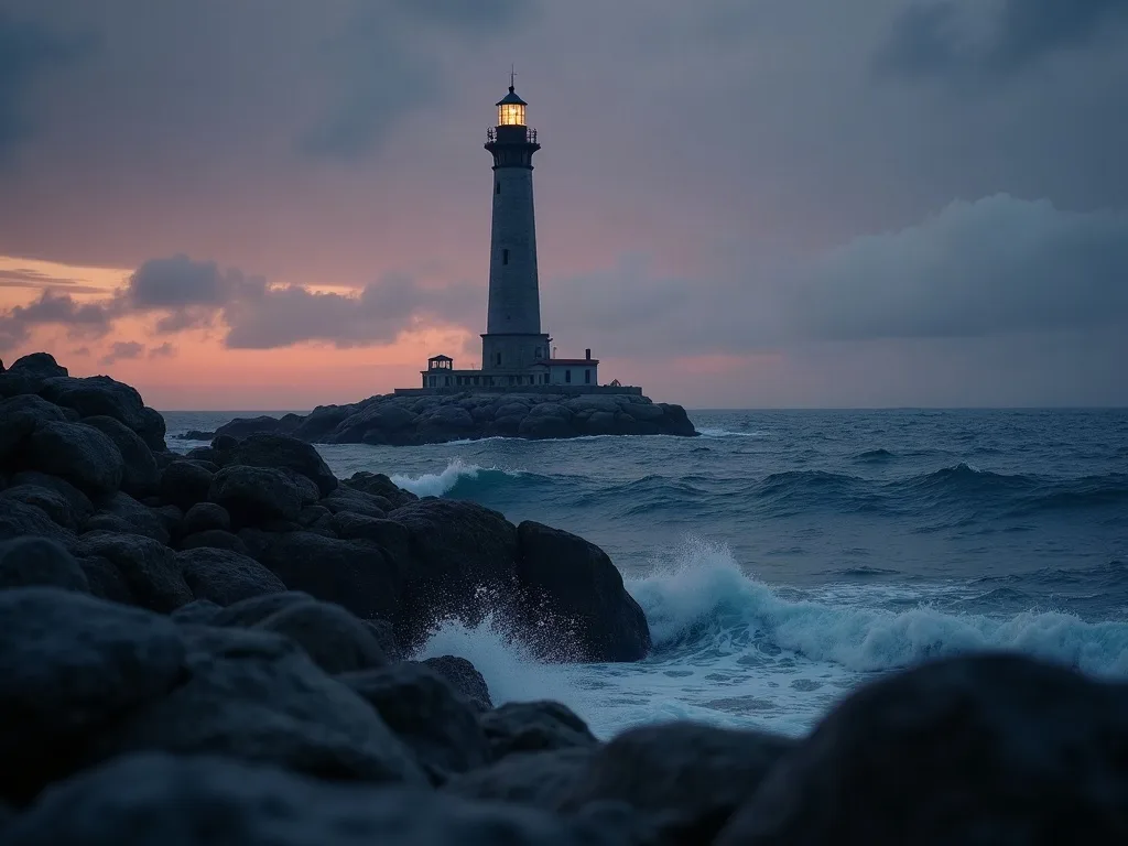 Phare allumé sur un rocher au crépuscule, vagues déferlant sur les rochers en premier plan, ciel teinté de rose et bleu.