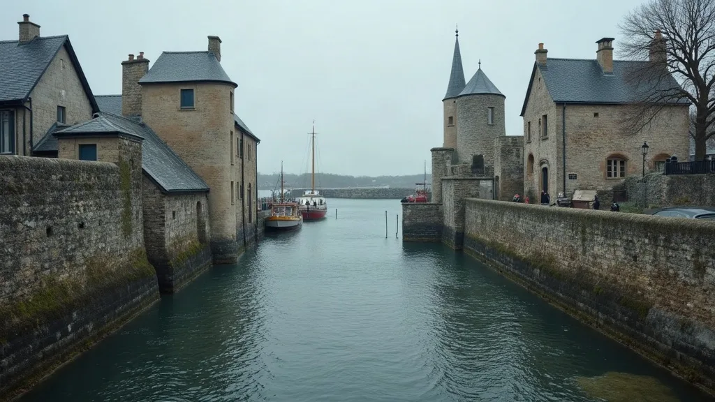 Un chenal encaissé entre remparts de granit, maisons à toits d'ardoise et bateaux amarrés sous un ciel gris.