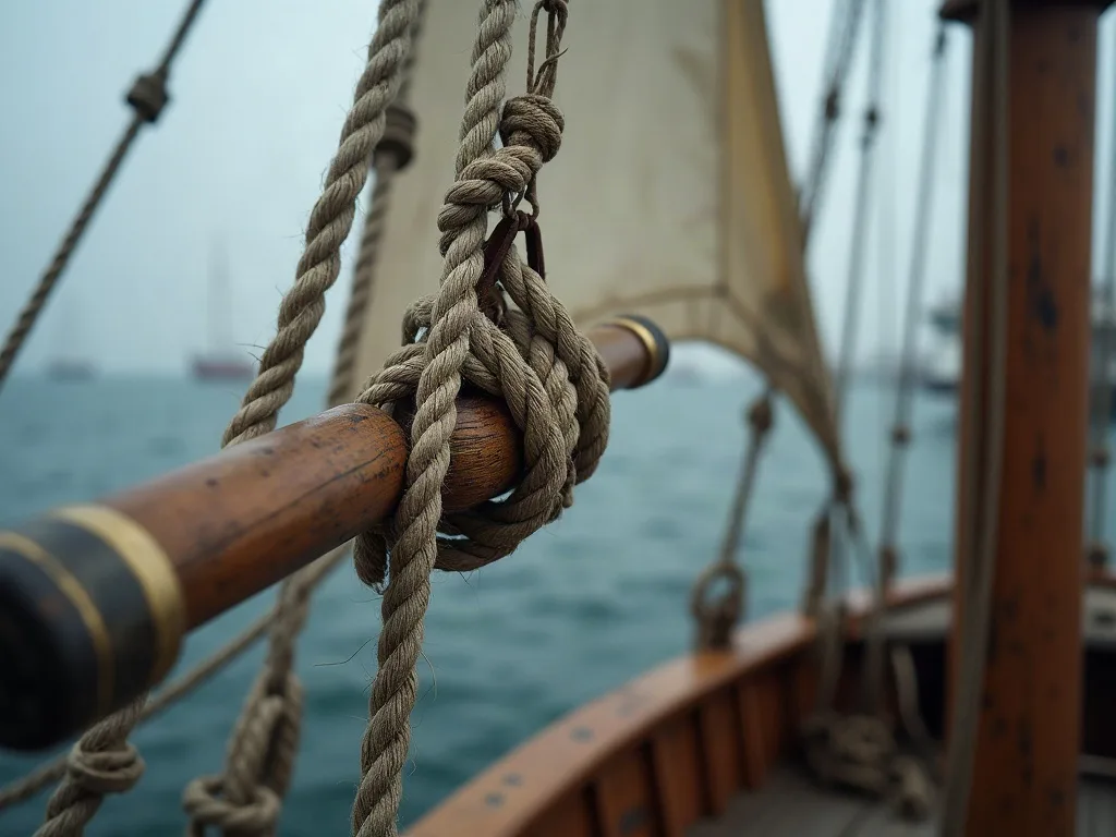 Vergue en bois amarrée au mât par un cordage de chanvre, point d'attache décalé vers l'avant, gréement au tiers.