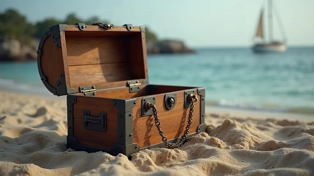 Coffre en bois aux ferrures métalliques, ouvert et vide, posé dans le sable face à un voilier au mouillage.