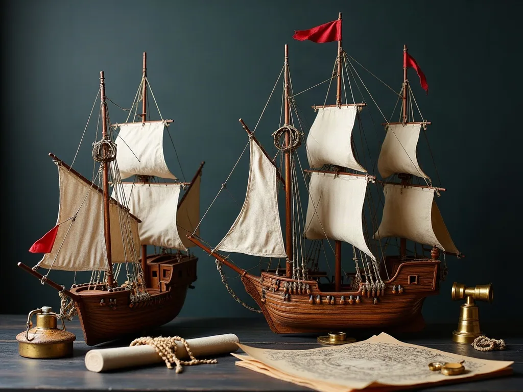 Maquettes en bois d'un galion et d'un navire plus petit, voiles de toile, sur une table sombre avec carte ancienne, longue-vue et lampe en laiton.