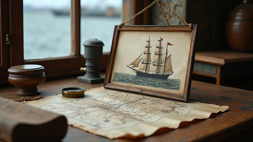Gravure encadrée d'un trois-mâts posée sur une table en bois, près d'une loupe en laiton et d'une carte ancienne, devant une fenêtre donnant sur le port.