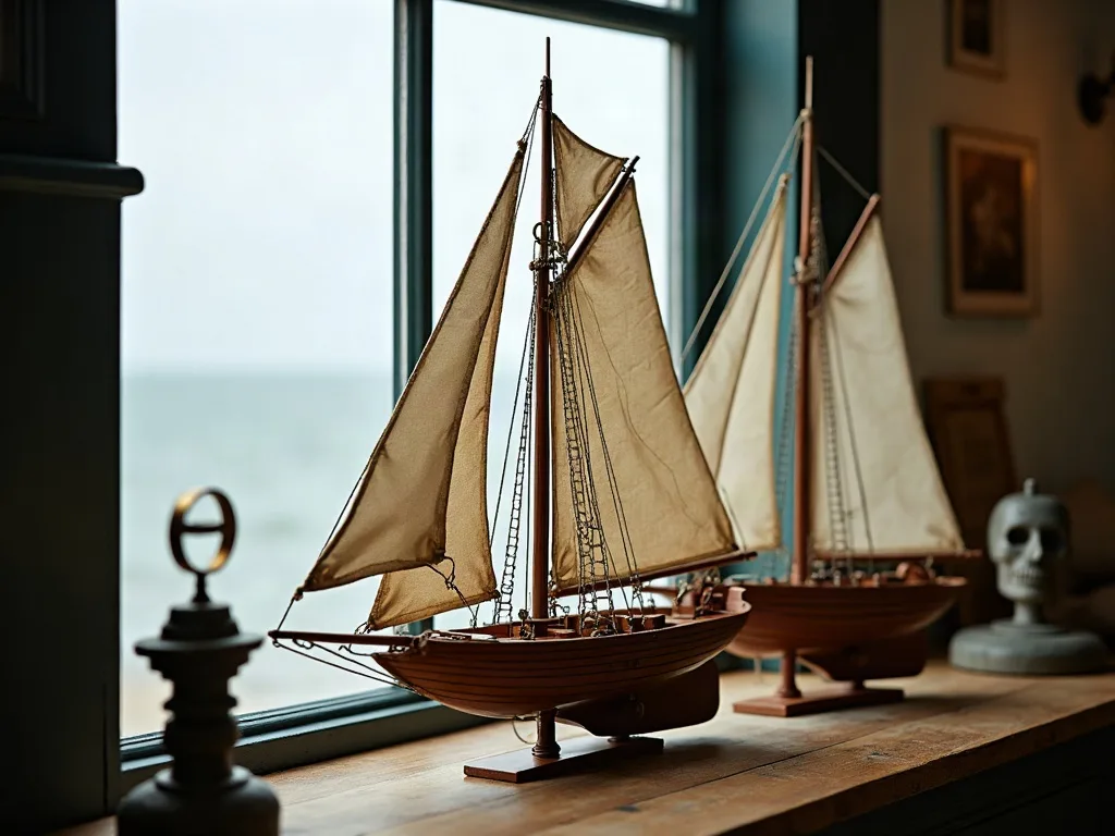 Deux maquettes de voiliers en bois, sloop à un mât et goélette à deux mâts, sur un rebord de fenêtre face à la mer.