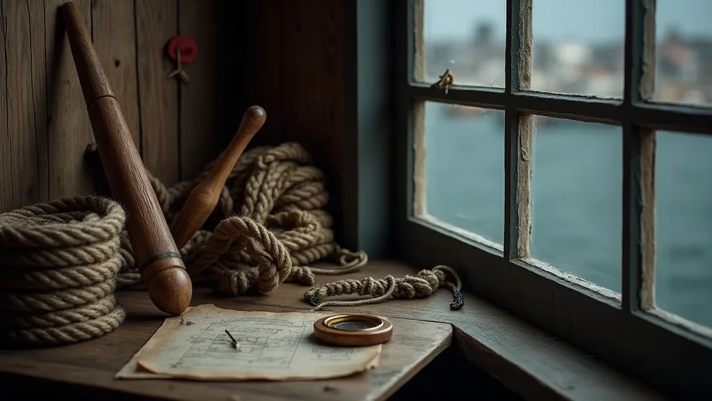 Épissoirs en bois et cordages lovés sur un établi, près d'un plan et d'une loupe, face à la fenêtre donnant sur l'eau.