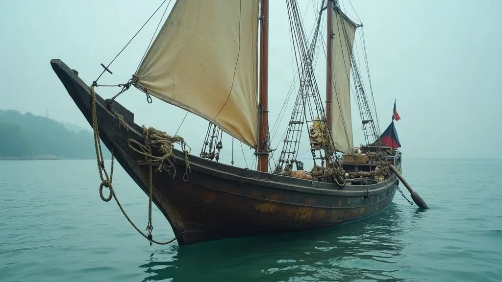 Voilier en bois à deux mâts, voiles écrues et cordages lovés à la proue, mouillé dans une eau turquoise sous la brume.