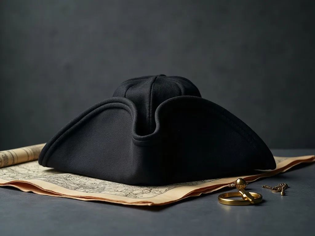 Tricorne noir en feutre mat posé sur une carte ancienne, près d'une loupe en laiton.