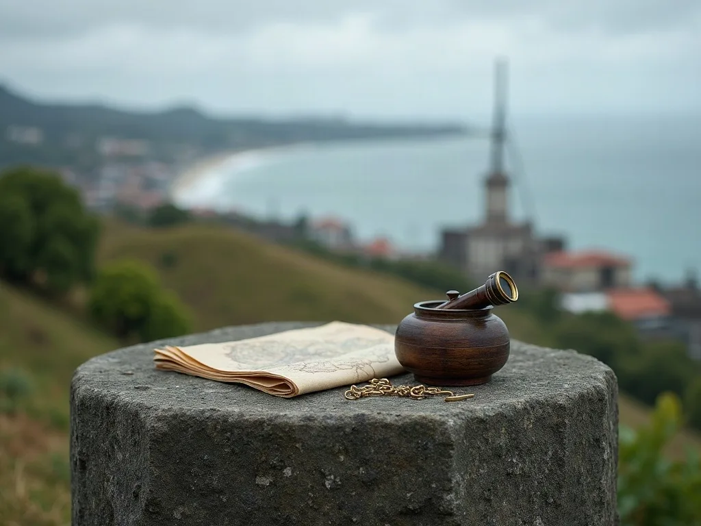 Sur un socle de pierre au sommet de la colline, une longue-vue posée sur un pot en bois, une carte pliée et une chaîne dorée, face à la baie brumeuse.