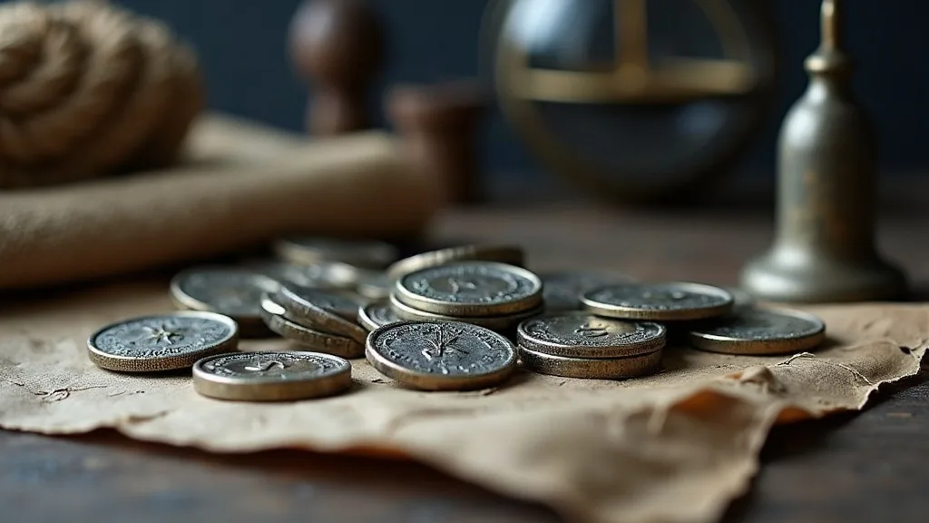 Un petit tas de pièces d'argent patinées posé sur un parchemin froissé, près d'une balance en laiton.