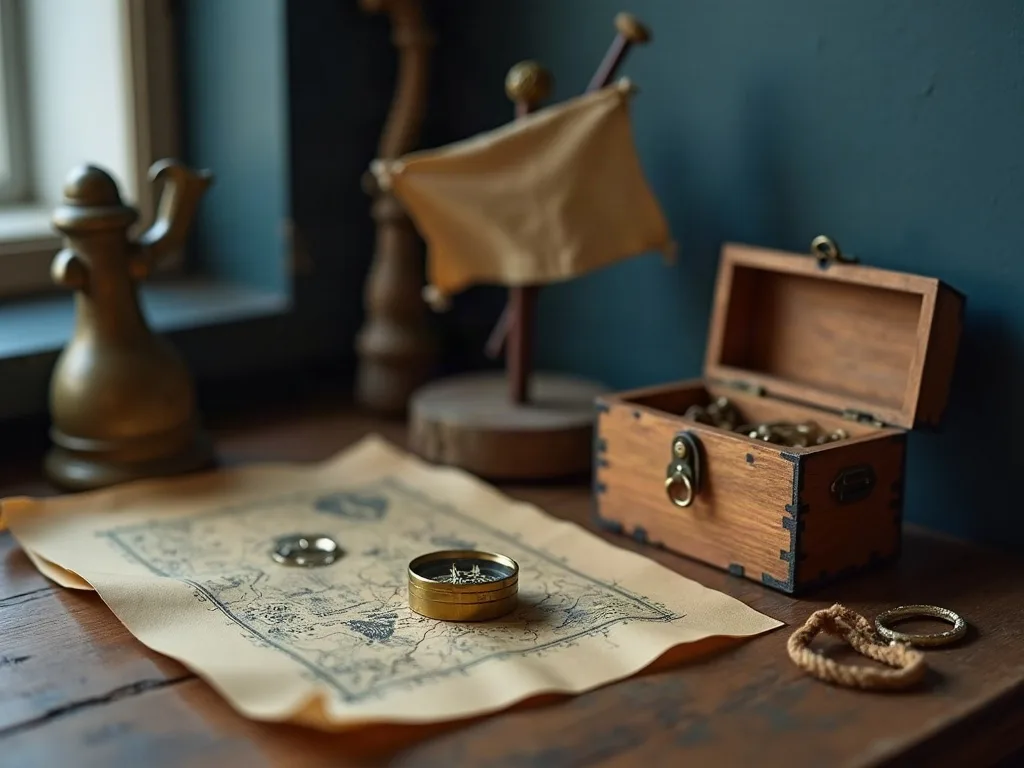 Boussole en laiton posée sur une carte au trésor en papier kraft, près d'un petit coffre en bois ouvert.