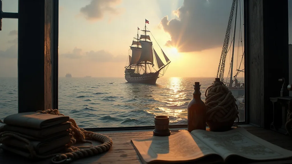 Vue depuis le pont d'un navire à voiles vers un trois-mâts à l'horizon au lever du soleil, avec cordes et tonneau au premier plan.