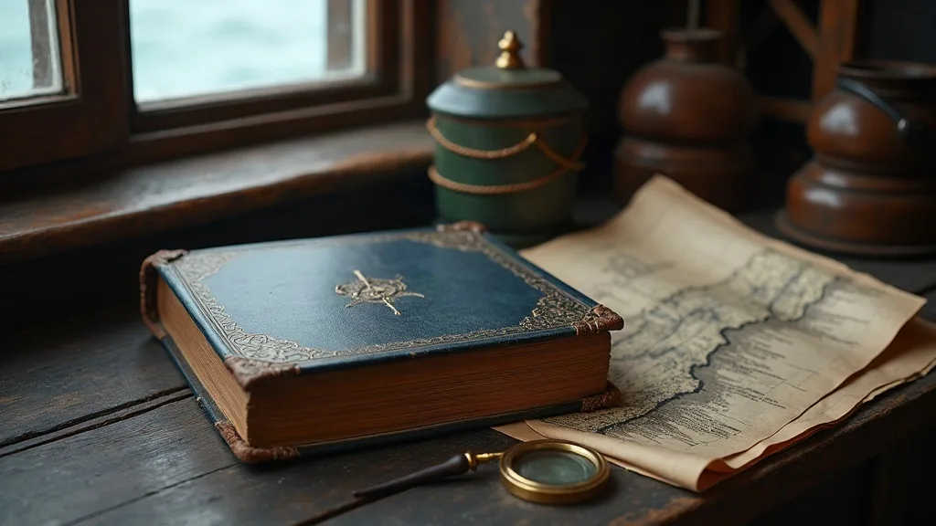 Volume ancien relié de cuir bleu à coins usés, posé près d'une loupe en laiton et d'une carte marine pliée.