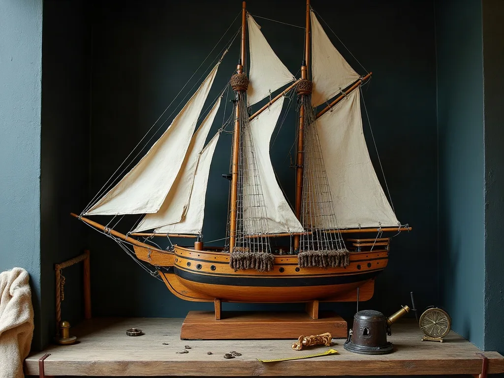 Le voilier à deux mâts, gréé de voiles en toile écrue, repose sur son socle en bois, mètre ruban à côté.