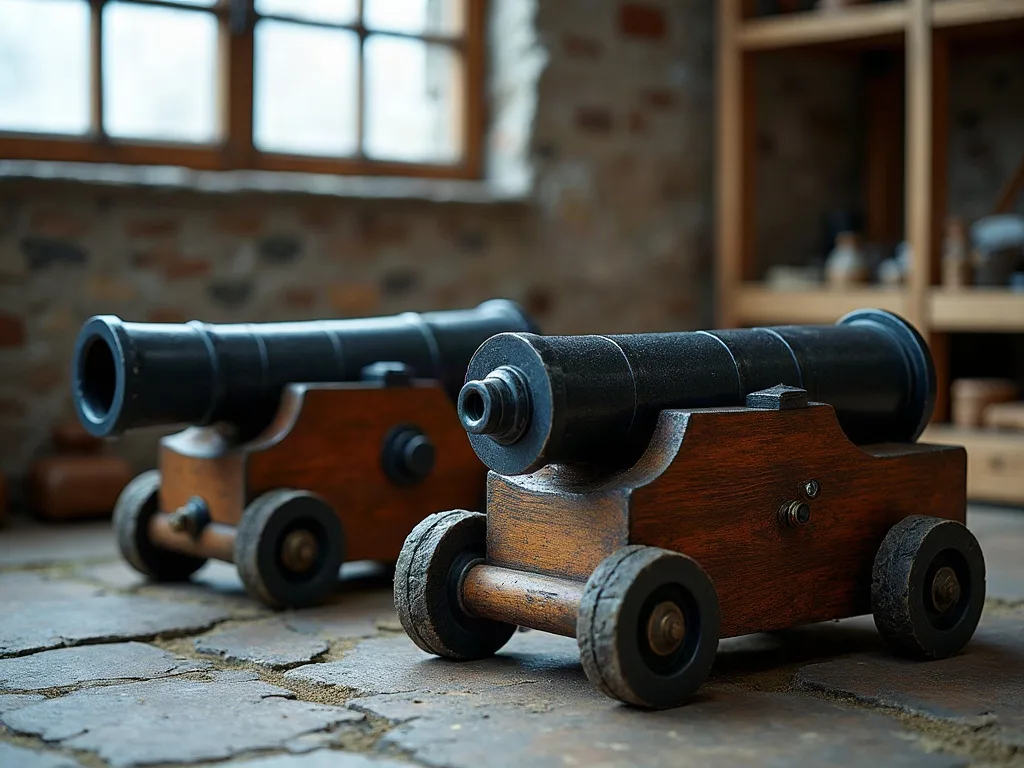 Deux canons de marine en fonte noire posés sur des affûts en bois à roues, sur un sol de pierre.