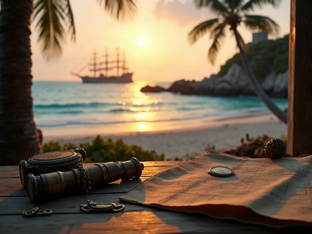 Lunette et compas sur une table en bois face à la mer, un voilier au coucher de soleil à l'horizon.