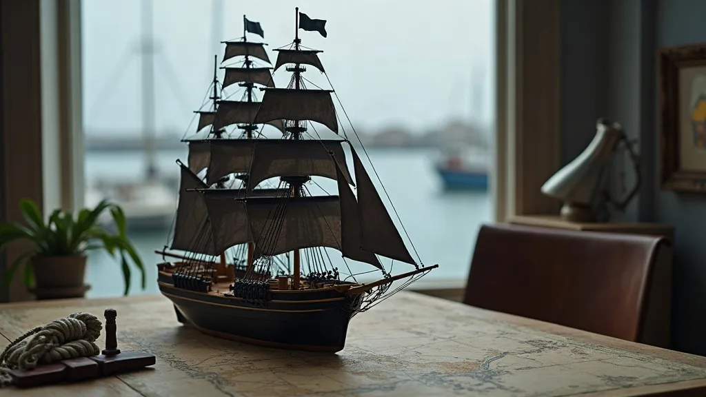 Maquette d'un trois-mâts carré à coque noire, voiles brunes, posée sur une carte marine près d'une fenêtre donnant sur le port.