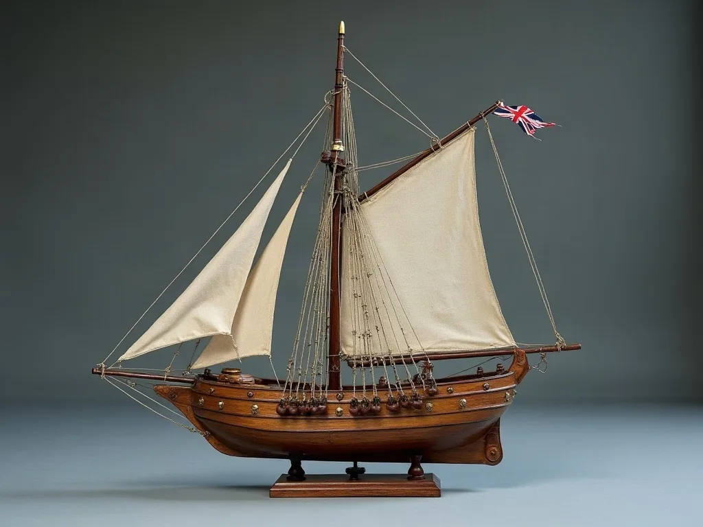 Maquette en bois d'un sloop à un mât, grand-voile aurique et foc sur beaupré, posée sur socle en studio.
