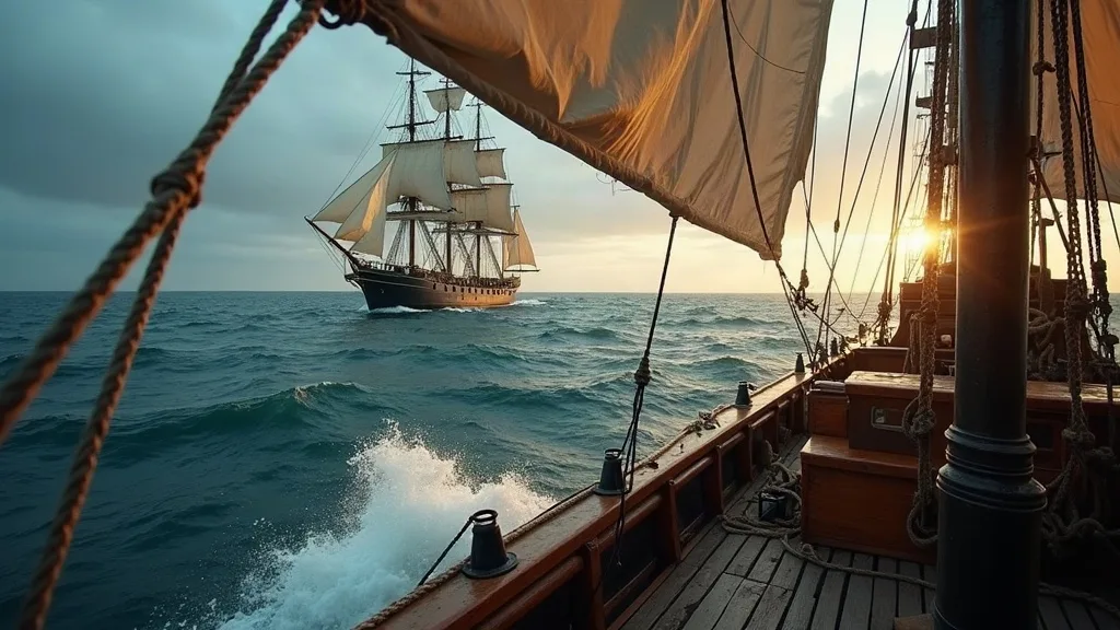 Vue depuis le pont d'un navire à voiles, cordages et voiles ocre au premier plan, autre trois-mâts en arrière-plan sur océan agité.