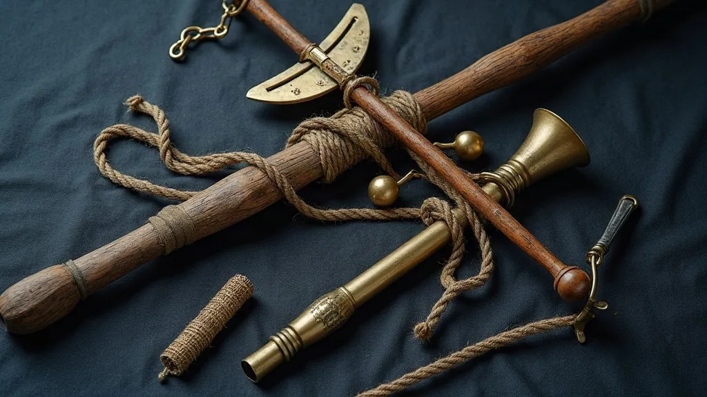 Manches en bois, cordage de chanvre et pièces en laiton disposés sur une toile sombre.