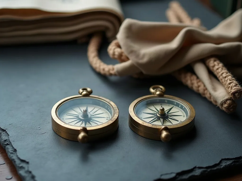 Deux boussoles de laiton posées sur une ardoise grise, leurs aiguilles orientées de façon légèrement différente, près d'un cordage et d'une toile de lin.