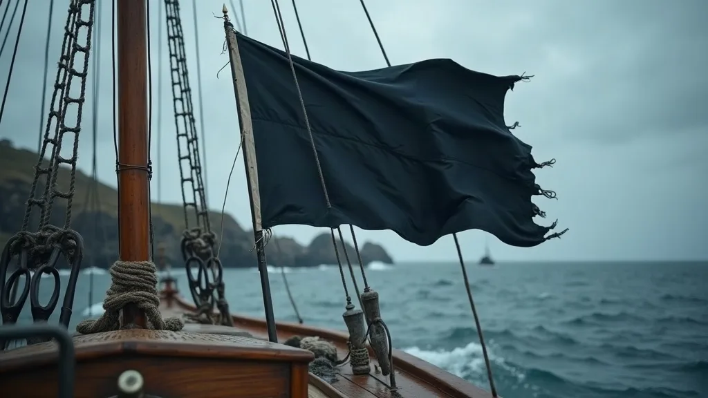 Drapeau noir claquant au vent sur un voilier face à une côte rocheuse sous un ciel gris.