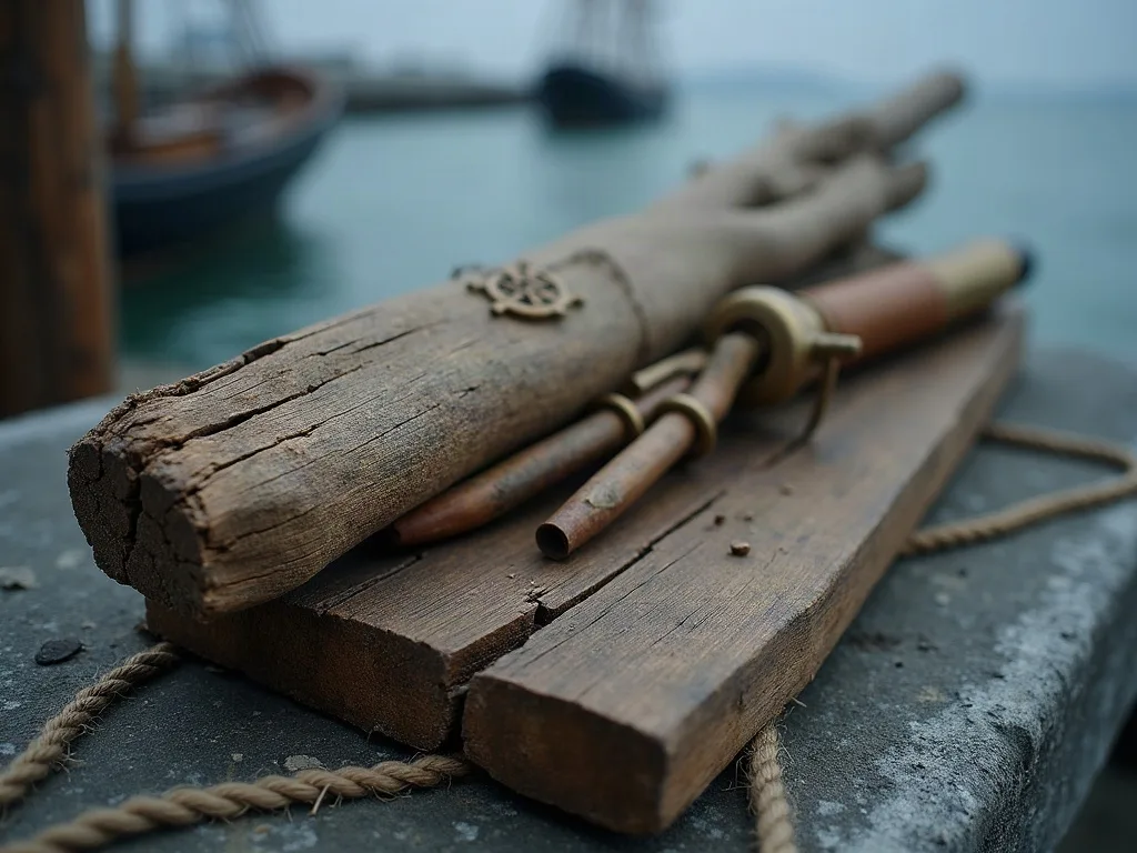 Bois de bordé fendu et rongé, posé sur une planche de chêne au bord d'un quai de pierre, tubes de laiton et cordage à proximité.