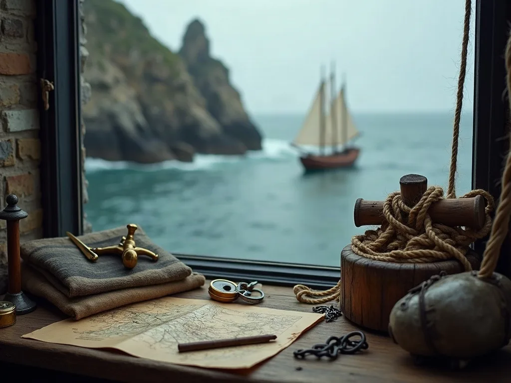 Vue depuis une fenêtre de forteresse côtière: carte marine, compas, cordes et lunette astronomique face à un voilier en baie.