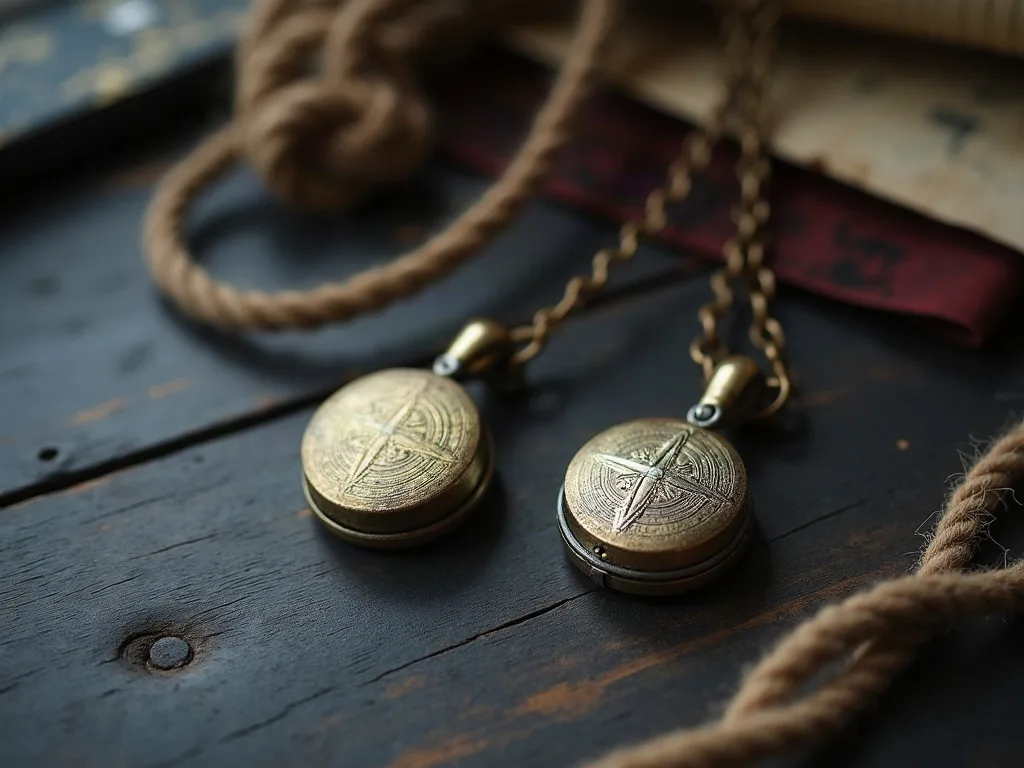 Deux médaillons ronds en laiton gravés d'une rose des vents, posés sur un bois sombre parmi des cordages.