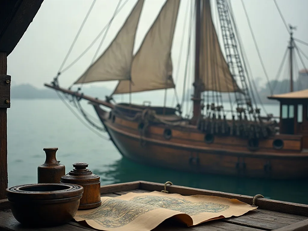 Une jonque en bois aux voiles claires mouillée dans la brume, devant une carte marine déroulée sur le quai.
