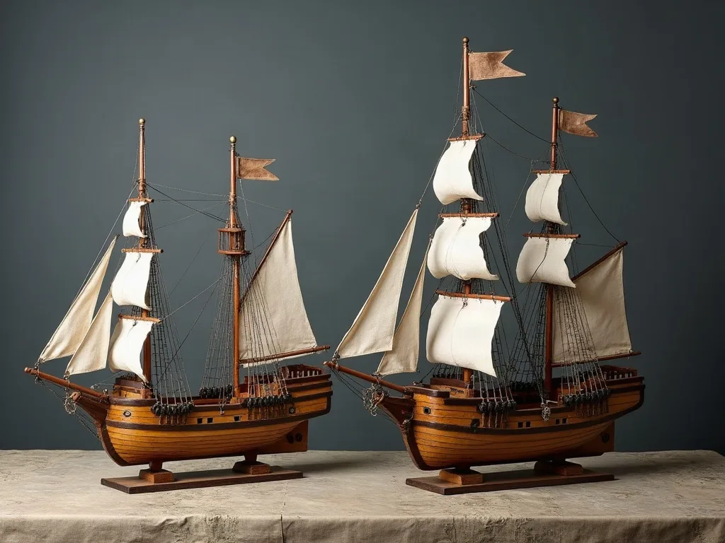 Deux maquettes de voiliers en bois sur socles, gréements et voiles de toile écrue, posées sur une nappe de lin.
