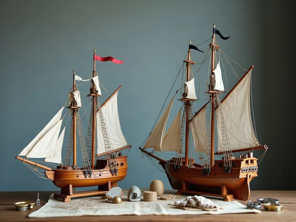 Deux maquettes en bois gréées de voiles en toile posées sur berceaux, entourées d'une carte, de cordages et de coquillages.