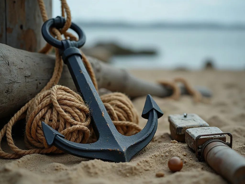 Ancre de fer, cordages de chanvre lovés et ferrures récupérés d'une coque, posés sur le sable près de bois échoué.