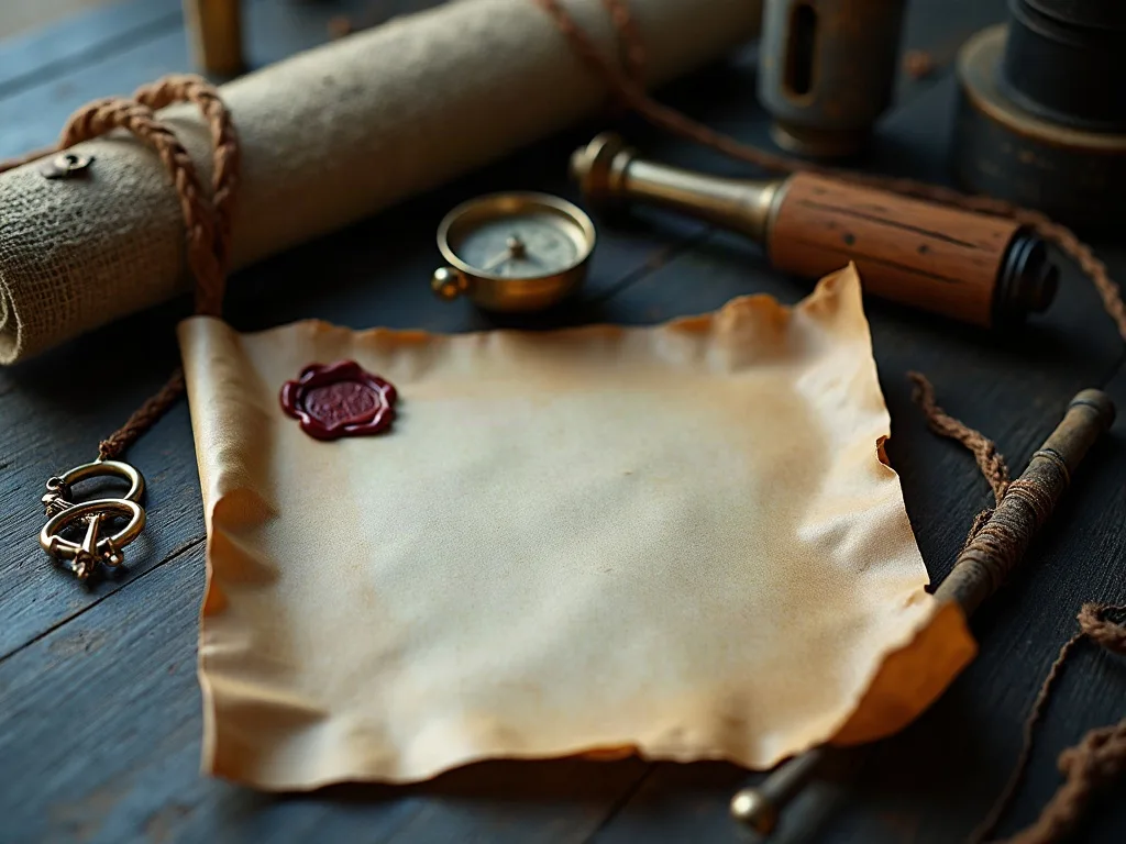 Parchemin vierge scellé de cire rouge sur une table en bois sombre, entouré d'une boussole en laiton, d'une longue-vue et de cordages.