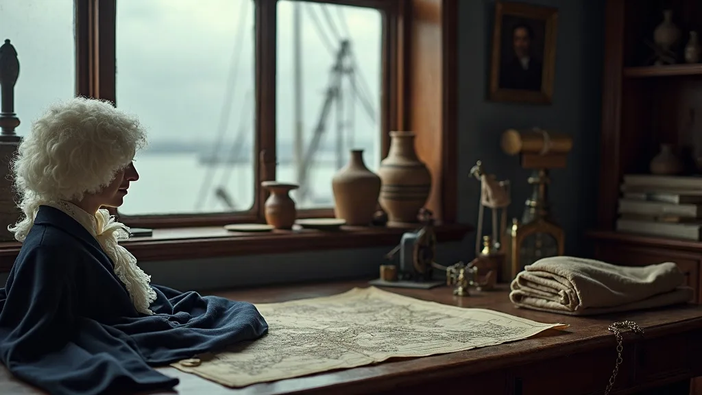 Perruque poudrée, jabot de dentelle et manteau bleu marine posés près d'une carte dépliée, face au port.
