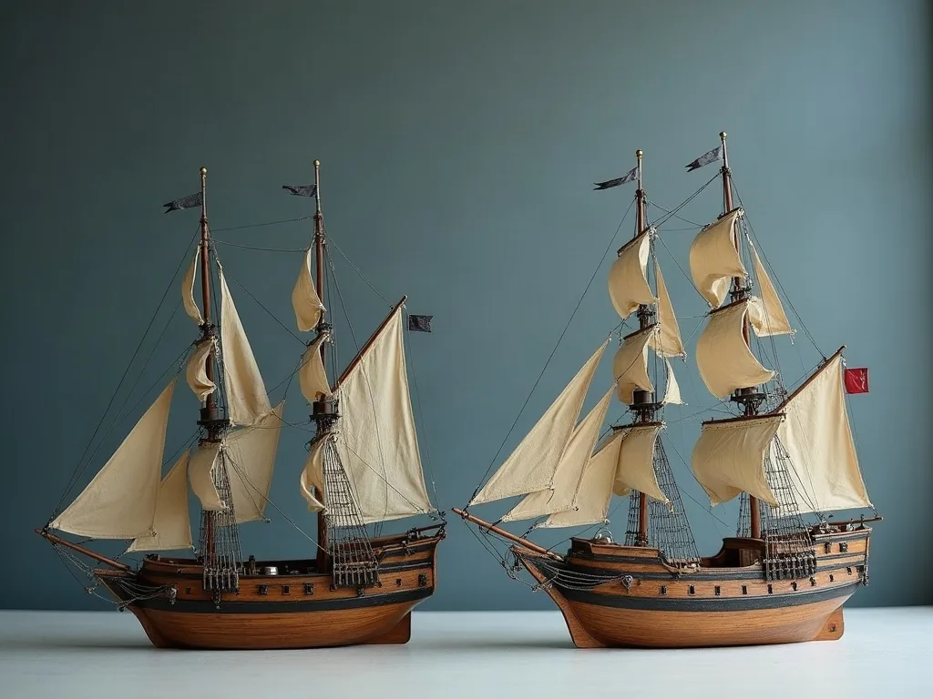 Deux maquettes de voiliers à coque en bois et voiles écrues, gréées de mâts et haubans, posées côte à côte sur fond bleu-gris.