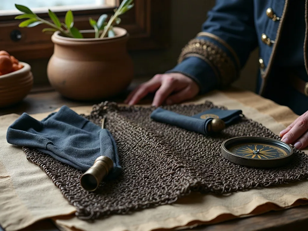 Cotte de mailles étalée sur une toile de lin, avec compas de laiton et étoffes bleues pliées près de la fenêtre.