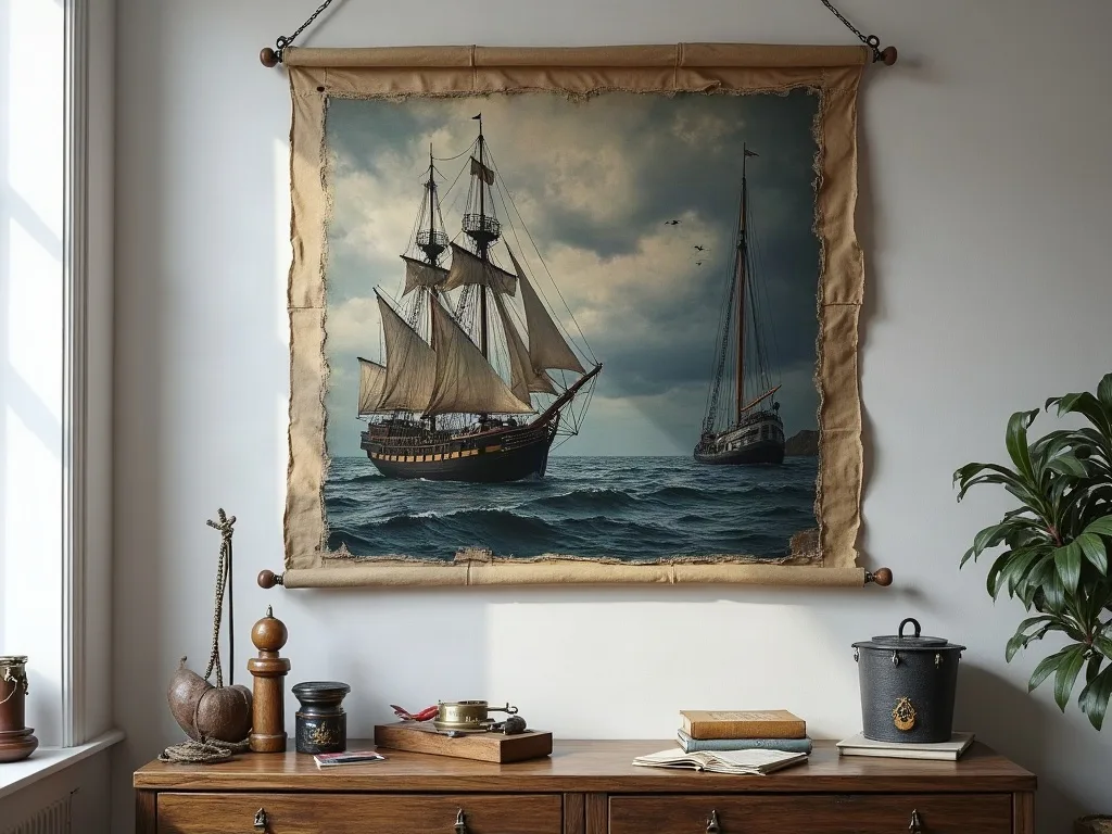 Toile marine suspendue à une barre de bois au-dessus d'une commode ancienne, objets de marine et plante verte à proximité.