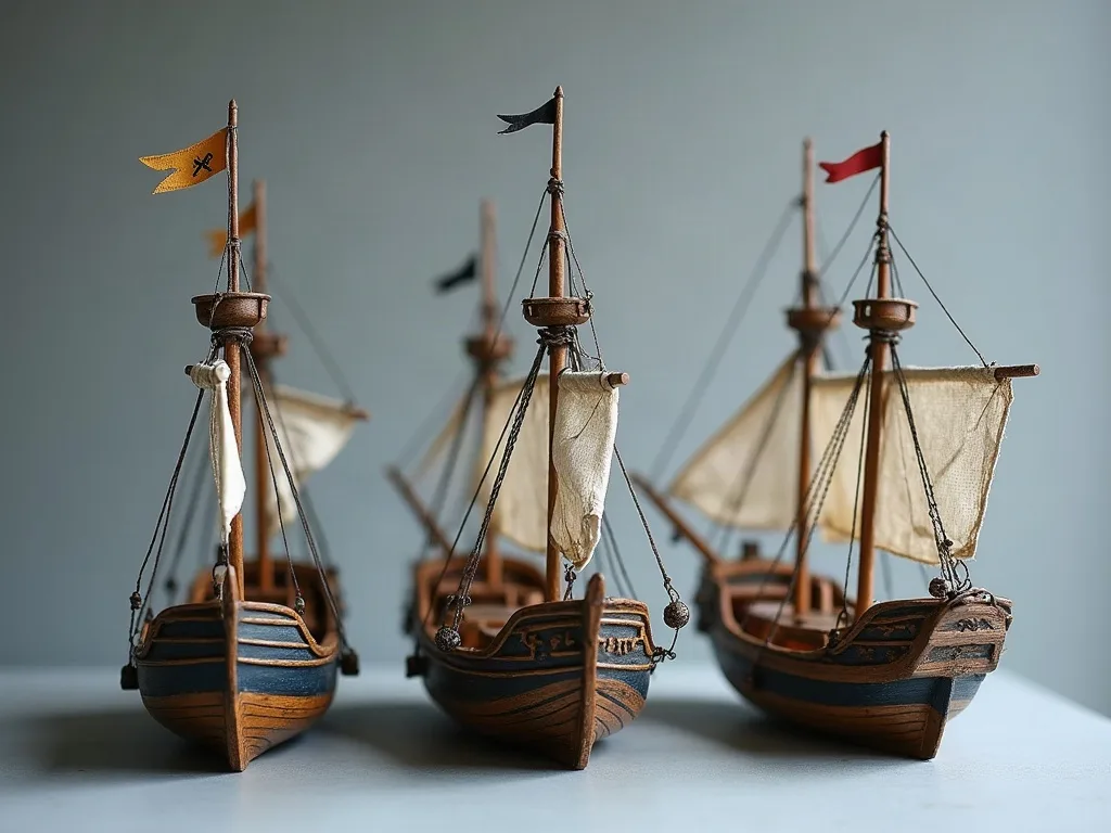 Trois maquettes de voiliers alignées sur fond gris, coques bois et bleu, voiles de toile écrue et fanions colorés.