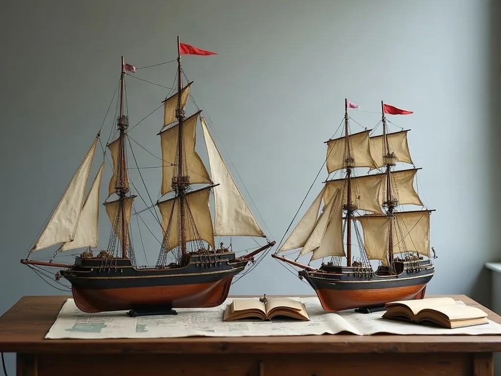 Deux maquettes de voiliers gréés, coque noire et rouge, posées sur une table en bois près de cartes et de livres ouverts.