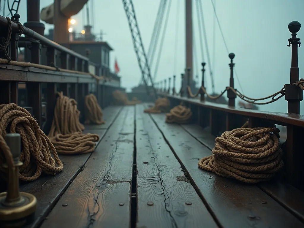 Cordages enroulés sur le pont en bois usé d'un navire, avec câbles de suspension en arrière-plan dans le brouillard.