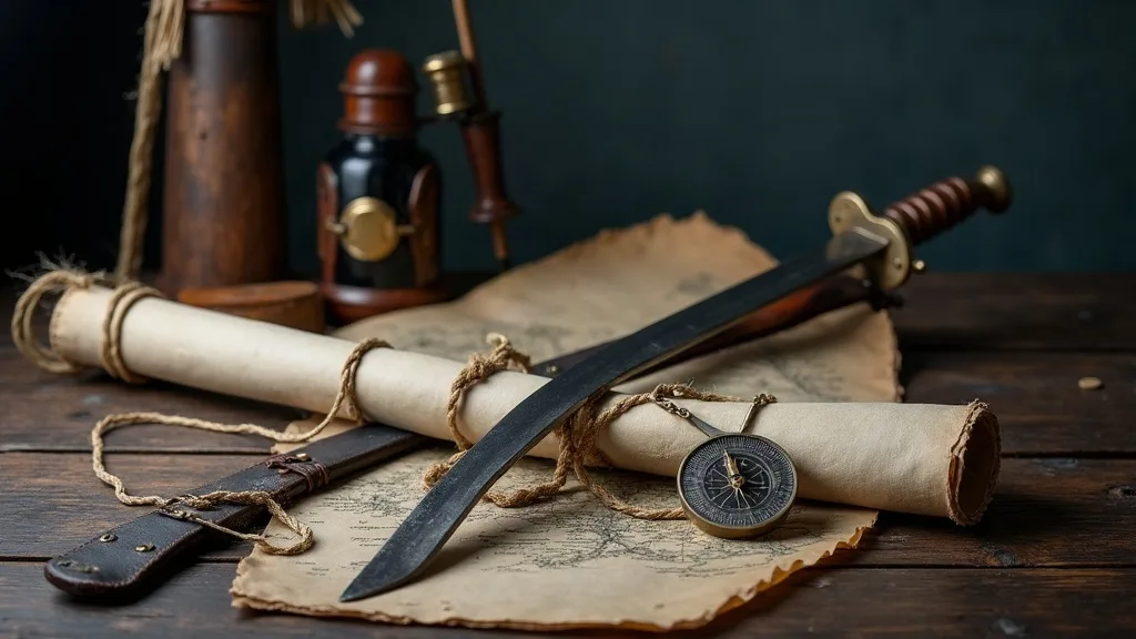 Épée à garde de laiton, fourreau de cuir, parchemins roulés et boussole sur une table de chêne sombre.