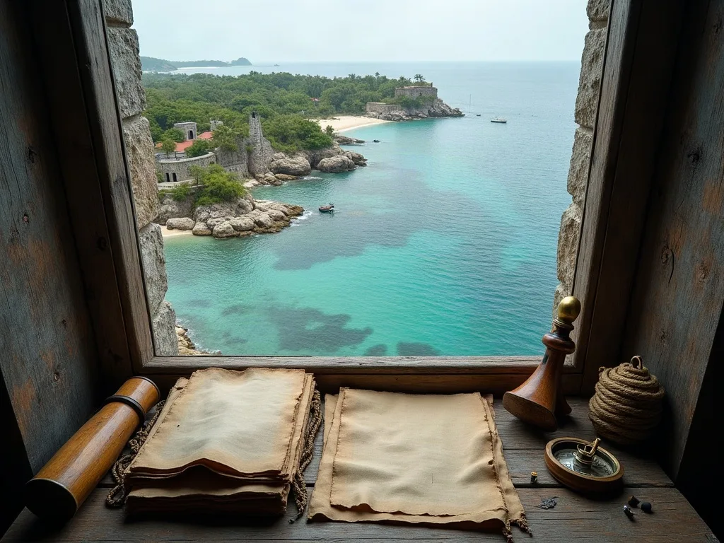 Depuis une embrasure de pierre, vue sur la baie turquoise et les ruines d'un fort, parchemins, longue-vue et compas posés sur le rebord de bois.