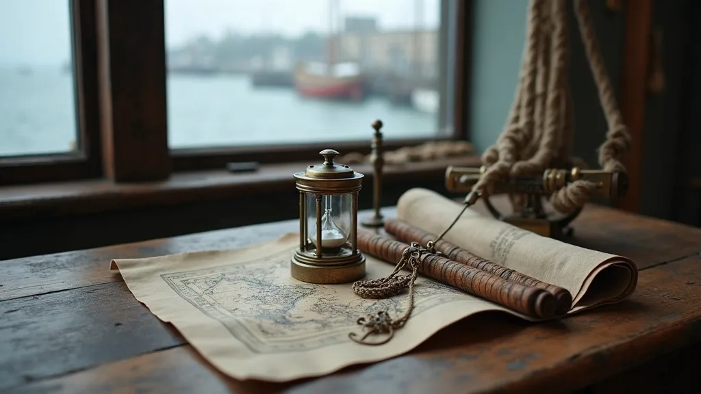 Sablier en laiton, chaîne et carte côtière déroulée sur une table de bois, face au port brumeux.