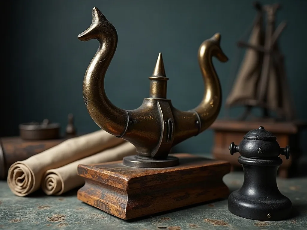 Réplique en bronze d'un rostre à pointes recourbées, posée sur un socle de bois patiné, près de rouleaux de parchemin.